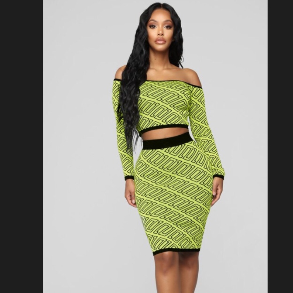 Fashion Nova Knit Stretch Lime Green Skirt & Top